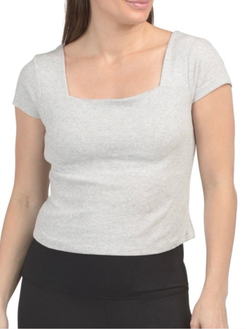 NWT Kyodan Ribbed Short Sleeve Square Neck Top With Built In Bra, Grey – Medium
